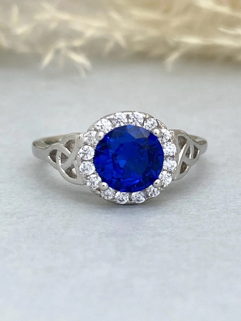 Round Cut Blue Sapphire Celtic Knot 925 Sterling Silver Halo CZ Women’s Ring